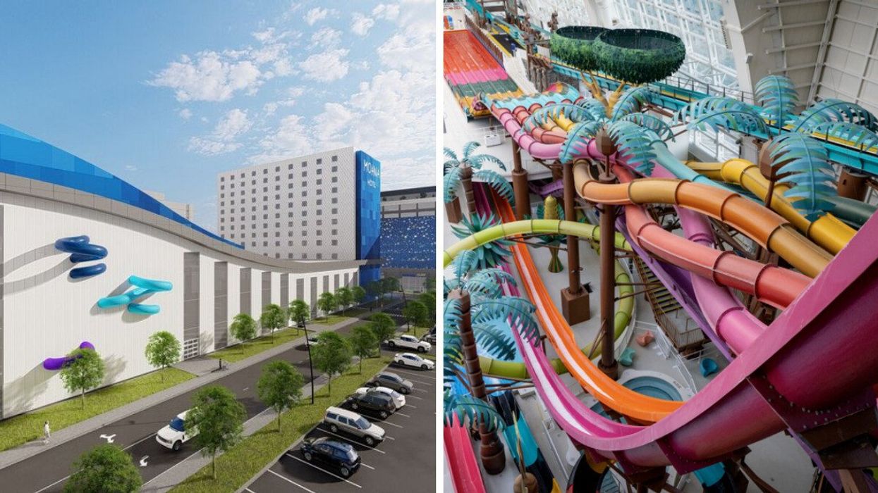 Le futur complexe aquatique de Mirabel. À droite : Des glissades d'eau.