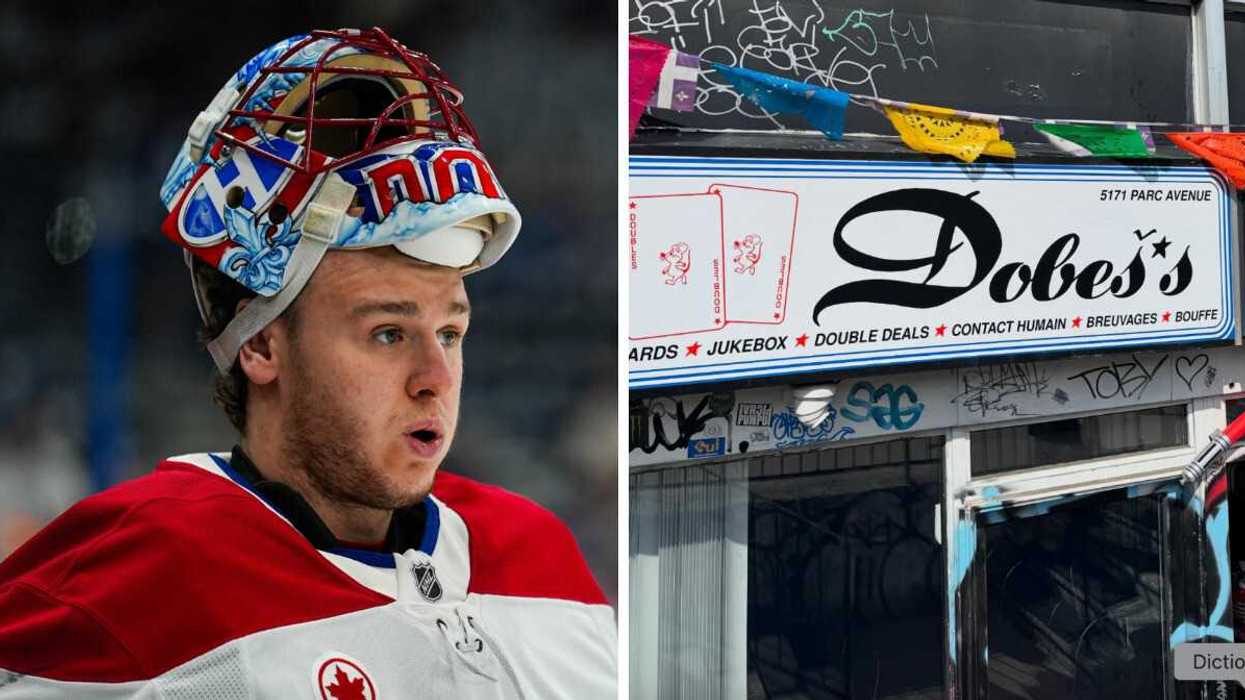 Le gardien de but des Canadiens de Montréal Jakub Dobes. Droite : Façade du bar Double's changée pour Dobes.