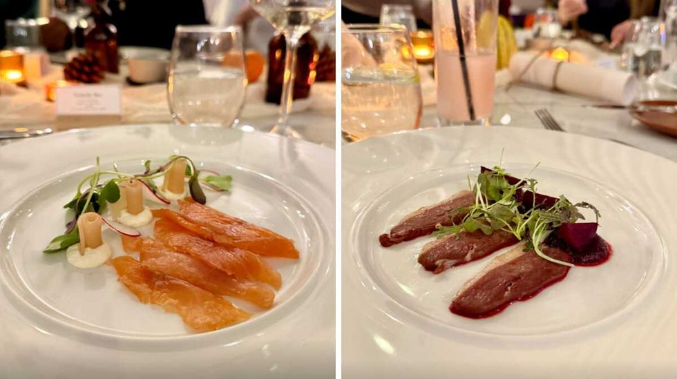 Le gravlax de truite. Droite : Le magret de canard fum\u00e9.