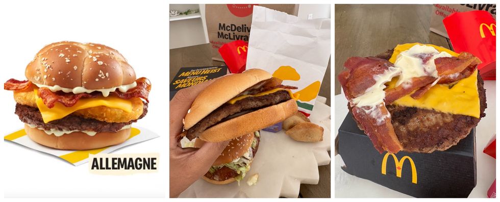 Le hamburger r\u00f6sti\u202f sur le site de McDonald's. Centre : Le hamburger r\u00f6sti\u202f tenu par une main. Droite : L'int\u00e9rieur du hamburger r\u00f6sti\u202f.