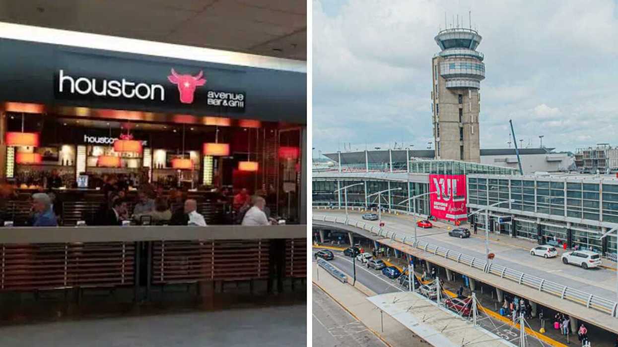 Le Houston Avenue Bar & Grill. Droite : L'Aéroport international Montréal-Trudeau.
