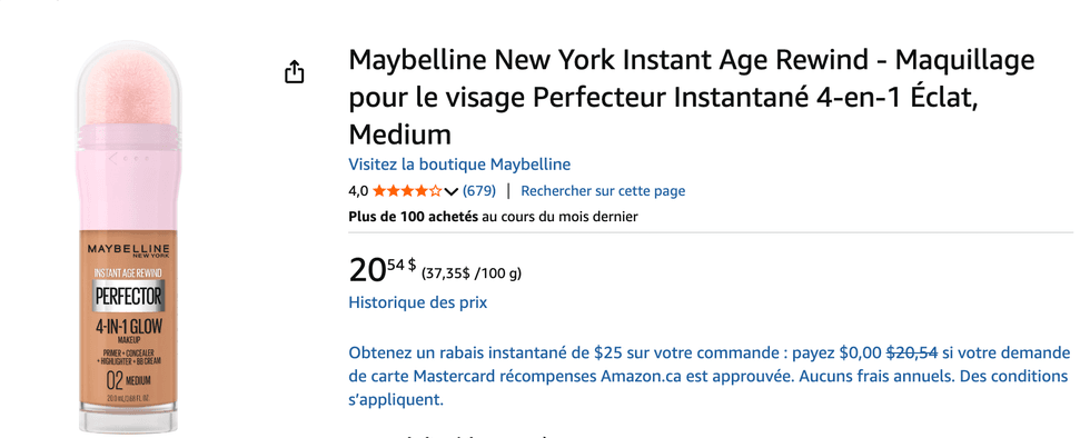 Le Instant Age Rewind Instant Perfector 4-en-1 Glow de Maybelline New York sur Amazon.