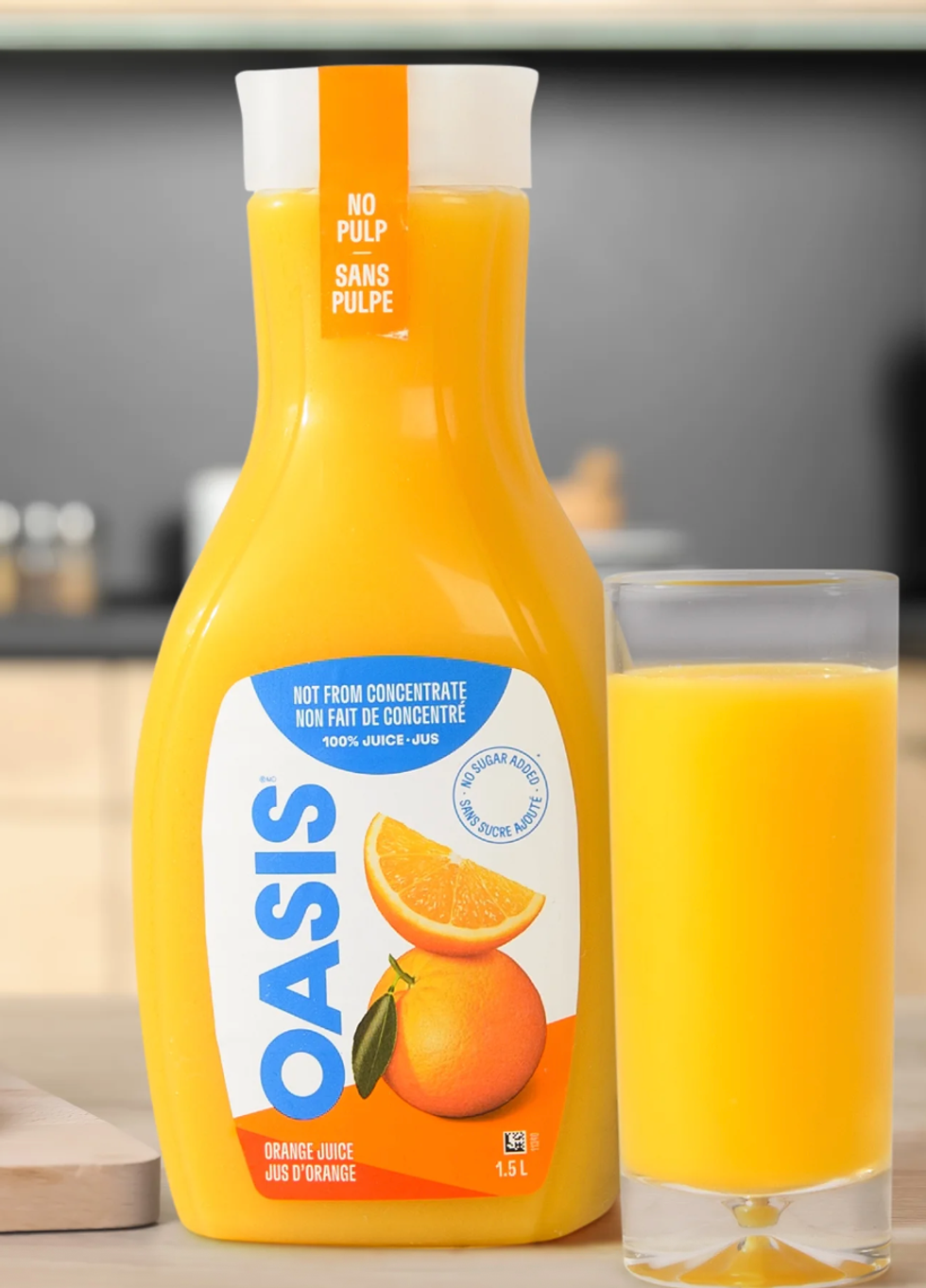 Le jus d'orange Oasis sans pulpe sur le site de Walmart.