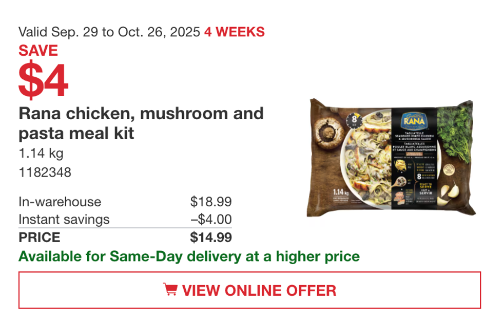 Le kit repas Rana poulet, champignons et p\u00e2tes de 1,14 kg en vedette dans la circulaire du Costco.