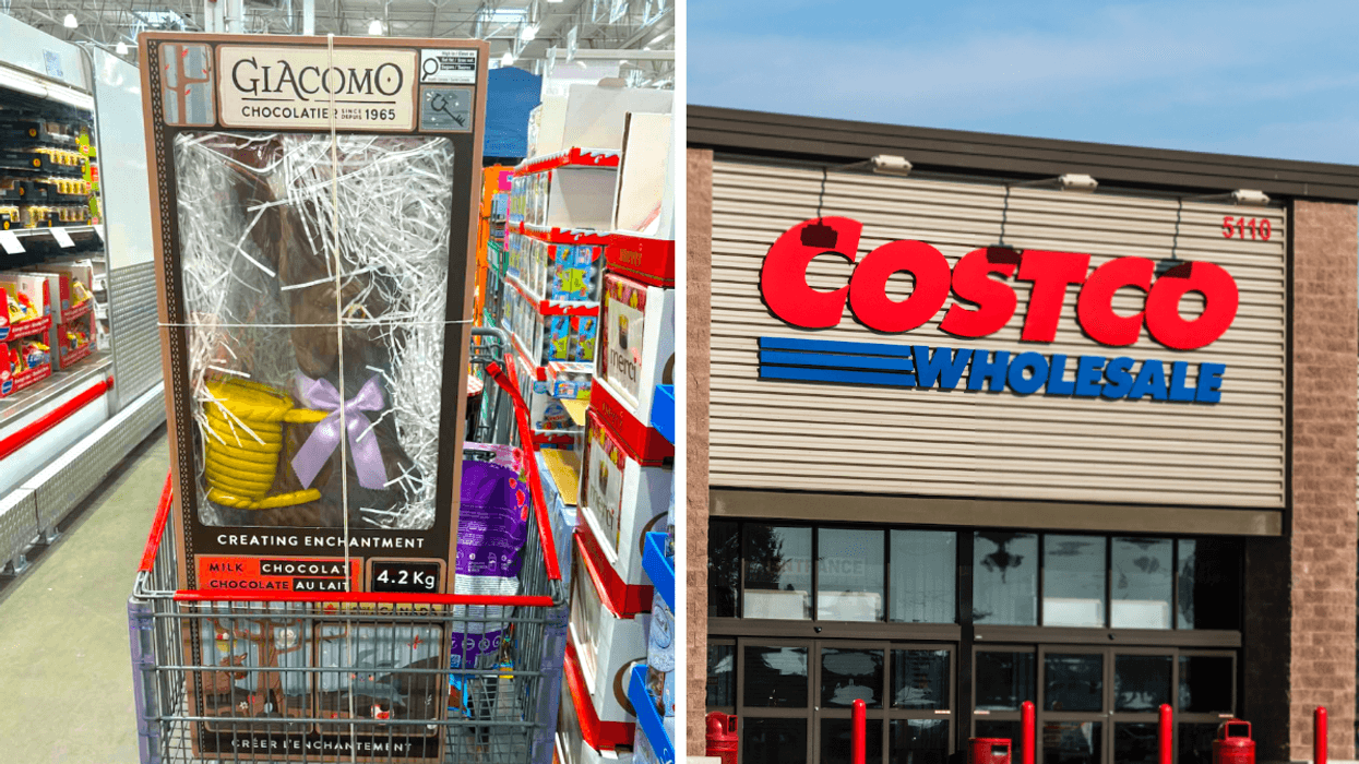 Le lapin en chocolat de 4,2 kg Giacomo. Droite : La façade d'un Costco.