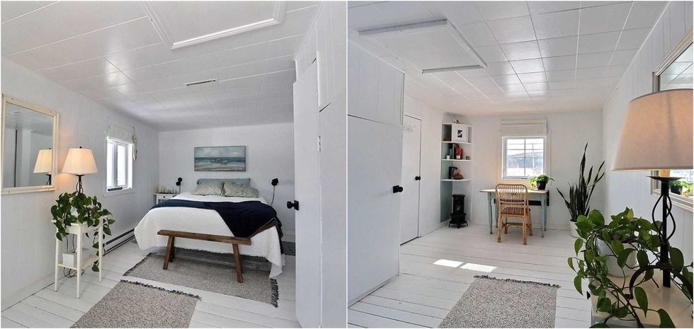 Le lit de la chambre principale de la propri\u00e9t\u00e9. Droite : Le bureau de la chambre principale.