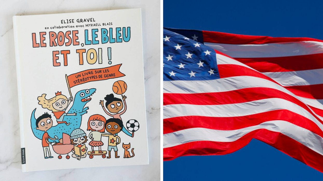 Le livre « Le rose, le bleu et toi » d'Elise Gravel. Droite : Drapeau des États-Unis.