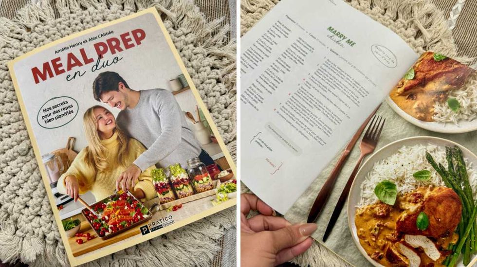 Le livre Meal prep en duo: Nos secrets pour des repas bien planifi\u00e9s d'Alex Labb\u00e9e et Am\u00e9lie Henry.  Droite : une recette dans le livre.