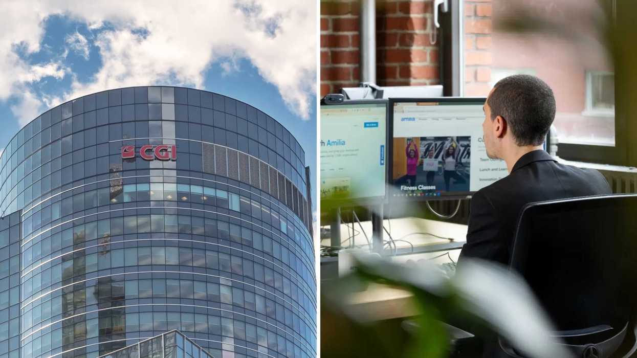 Le logo de CGI. Droite : une personne à l'ordinateur.
