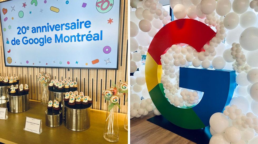 Le logo de Google servi sur des cupcakes et biscuits sous un \u00e9cran de t\u00e9l\u00e9. Droite : l'enseigne g\u00e9ante de Google entour\u00e9e de ballons blancs.