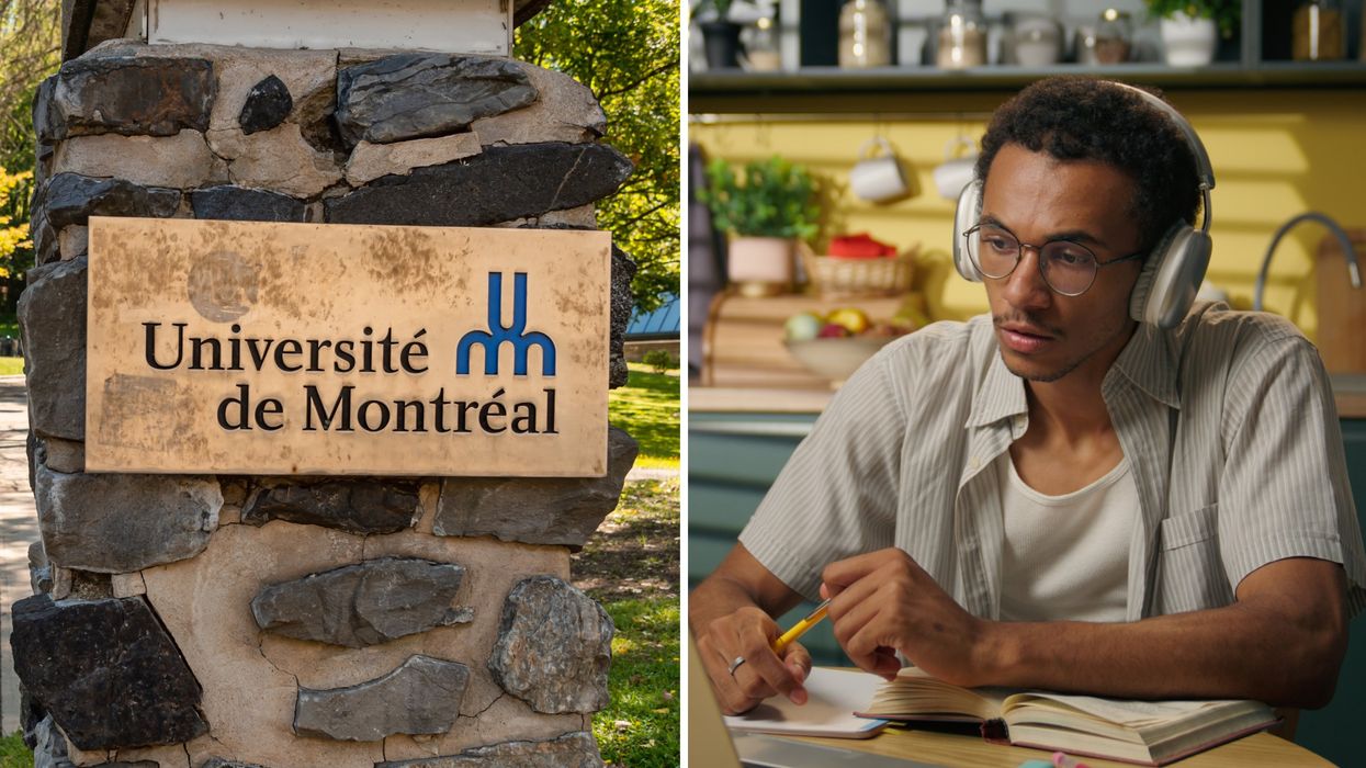 Le logo de l'Université de Montréal. Droite : un étudiant.
