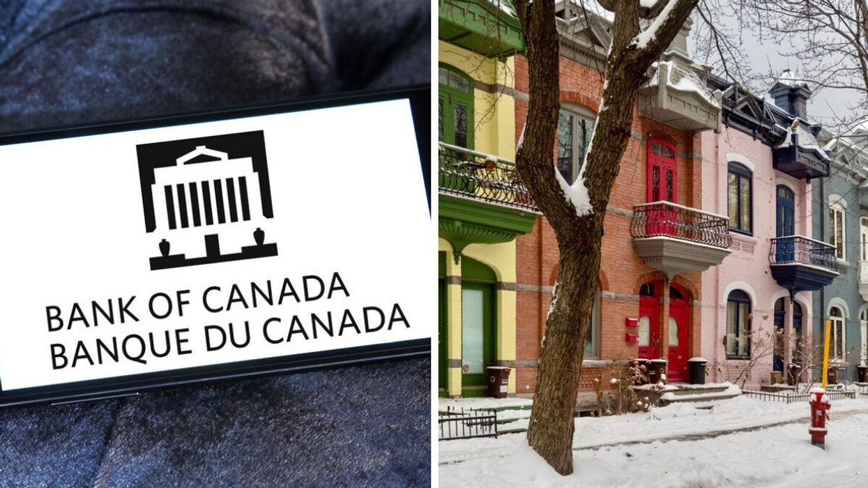 Le logo de la Banque du Canada affiché sur un écran de téléphone placé sur un divan bleu. Droite : Des maisons colorées en rangée dans une rue enneigée à Montréal.