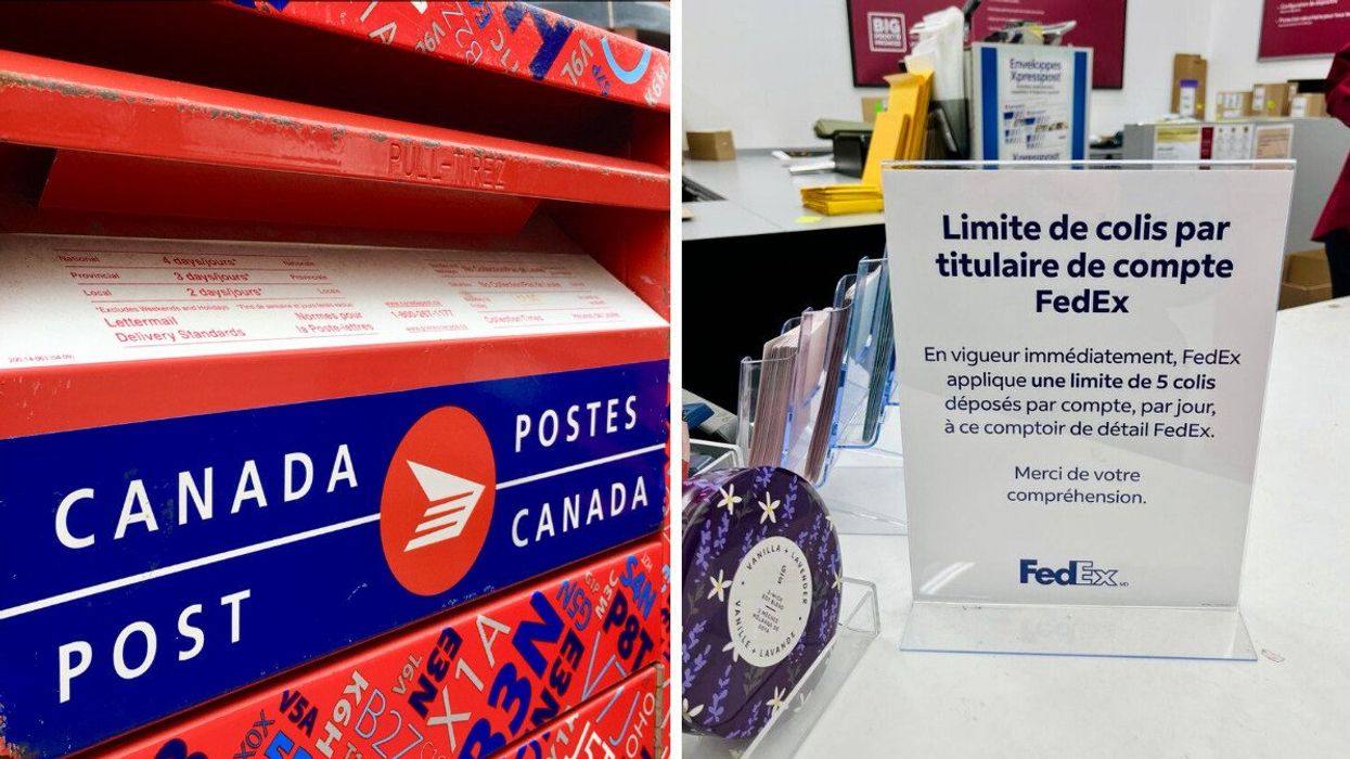 Le logo de Postes Canada sur une boîte aux lettres rouge. Droite : une affiche indiquant une limite de colis par titulaire de compte FedEx.