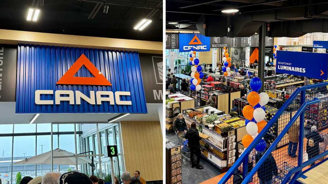 Le logo du Canac, à la succursale Laval. Droite : La vue de la mezzanine au Canac Laval.