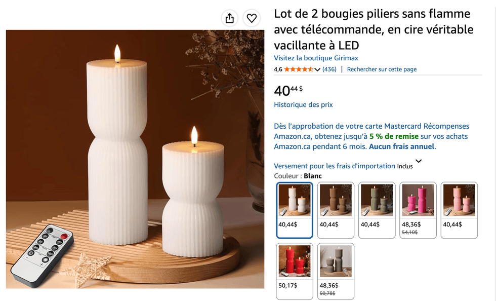 Le lot de deux bougies piliers sans flamme avec t\u00e9l\u00e9commande Girimax sur Amazon.