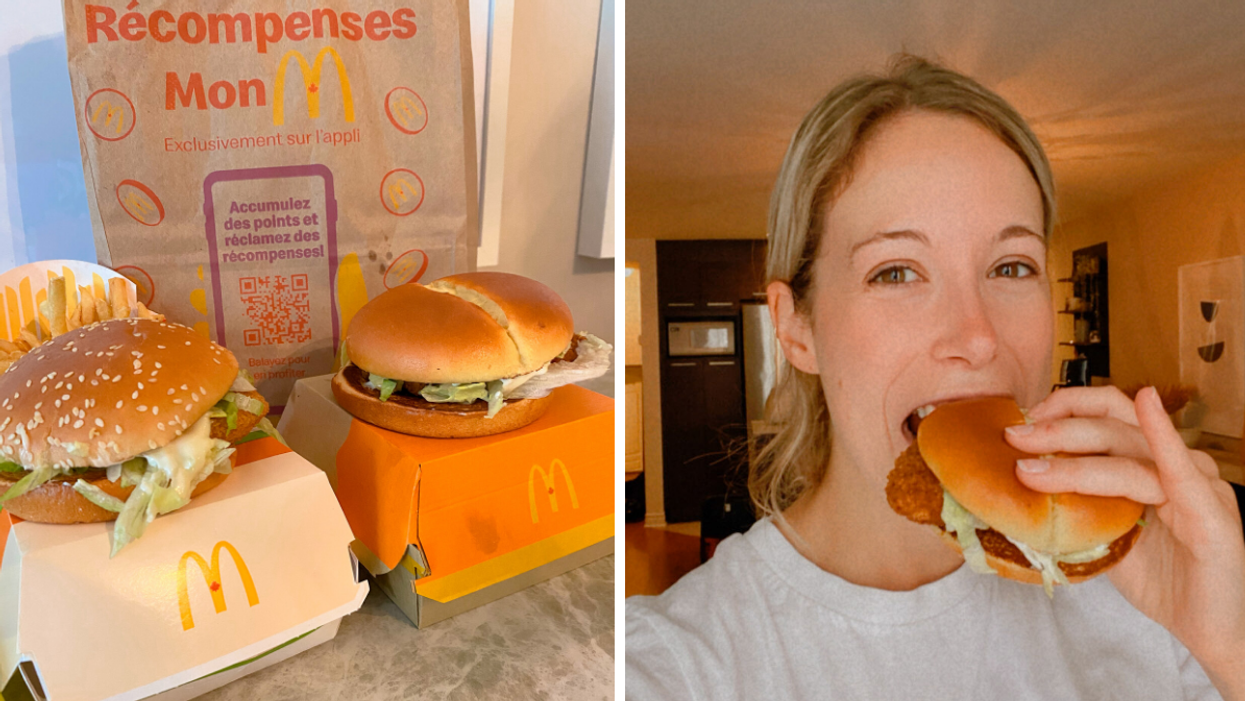 Le MacPoulet et le nouveau McCroustillant. Droite : Femme avec le McCroustillant.