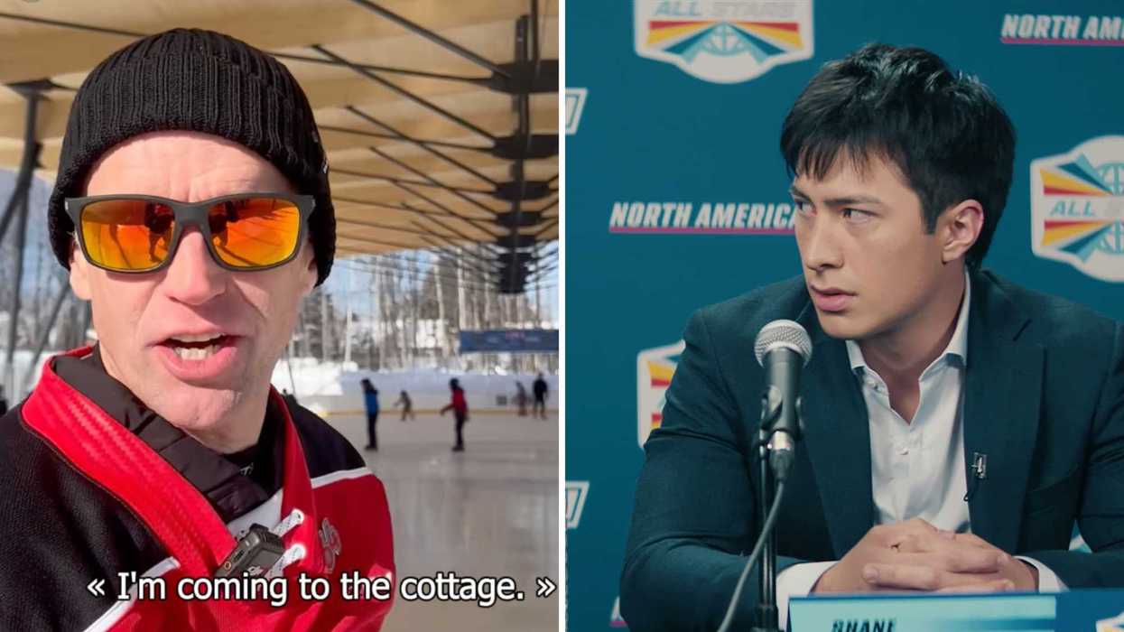 Le maire de Québec, Bruno Marchand. Droite : une capture d'écran de la série Heated Rivalry.