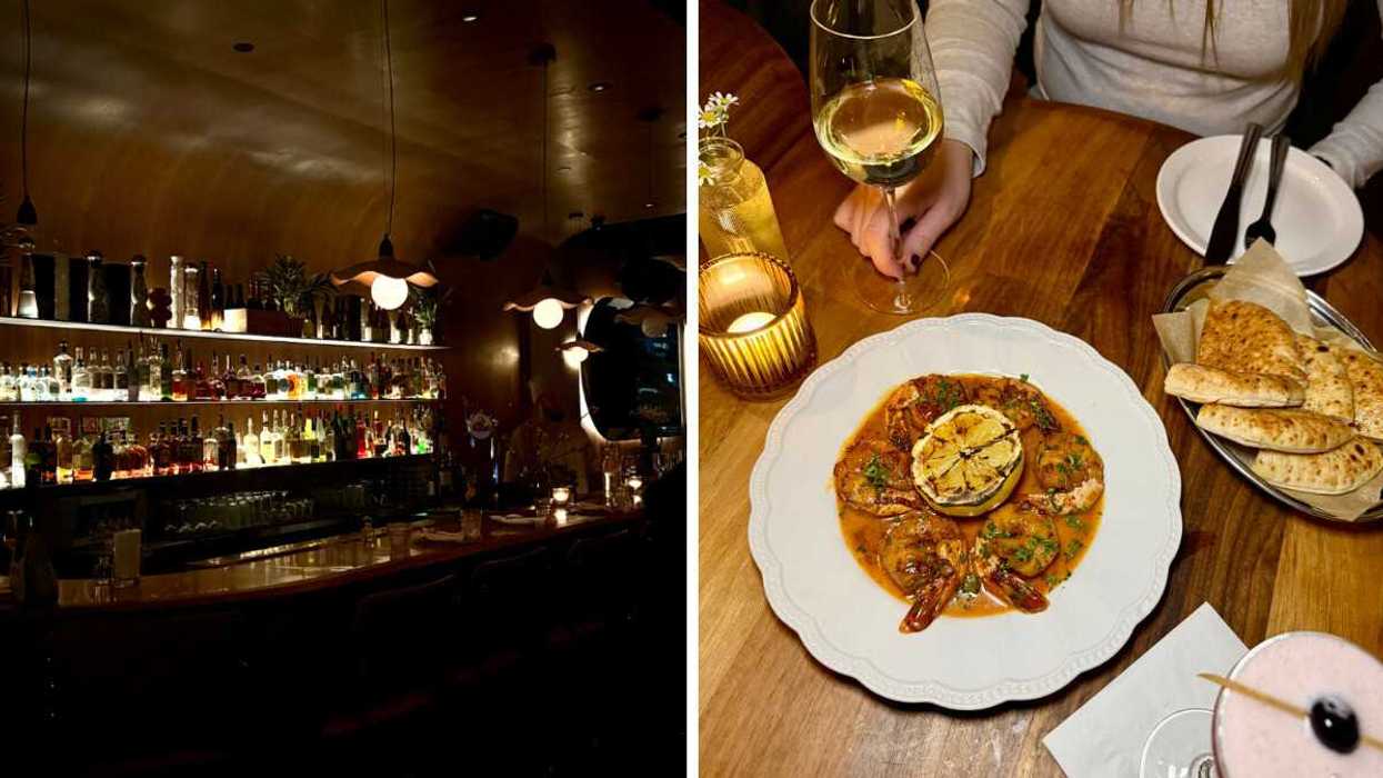 Le Manners à Laval. Droite : Le plat de crevettes au Manners.