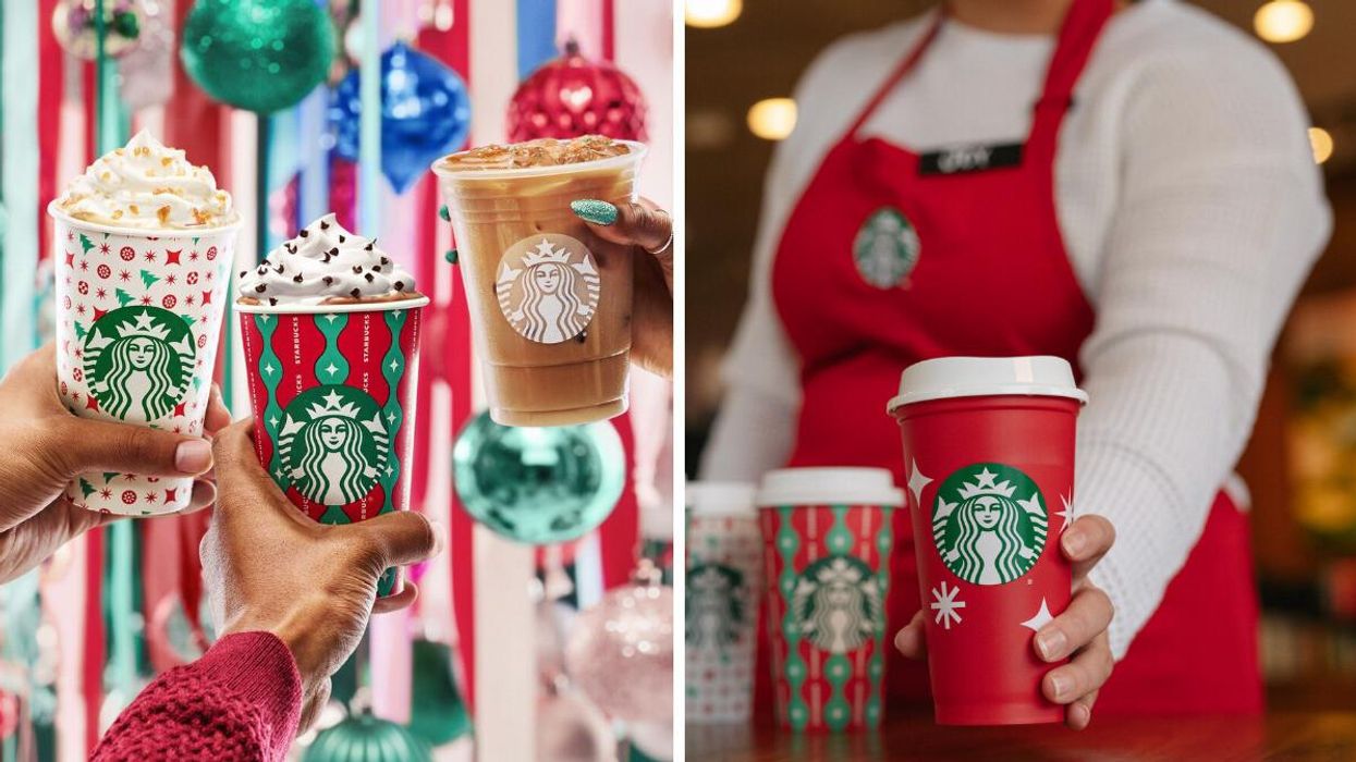 Le menu des Fêtes Starbucks. Droite : Tasses réutilisables gratuites au Starbucks.