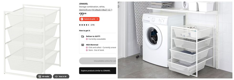 Le meuble de rangement JONAXEL sur le site du IKEA. Droite : Une salle de lavage avec le meuble JONAXEL du IKEA.