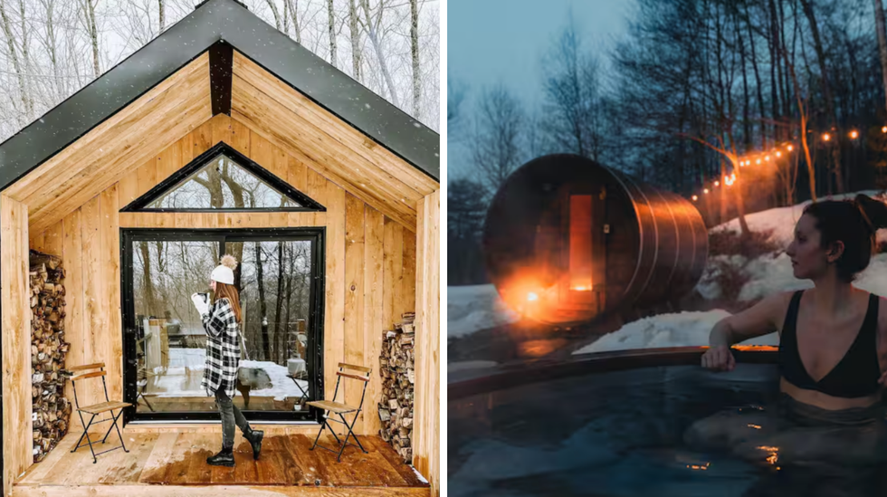 Le mini-chalet Le Kamp en hiver. Droite : La zone spa accessible aux locataires du mini-chalet Le Kamp \u00e0 Rawdon.