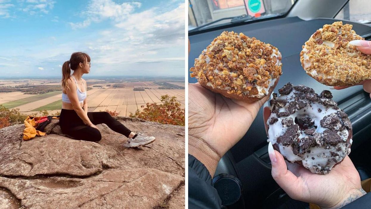 Le mont Saint-Grégoire. Droite : Les beignes de Crémy Pâtisserie.