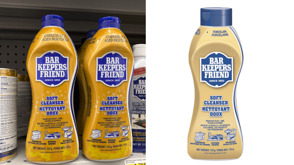 Le nettoyant doux Bar Keepers Friend sur les tablettes du Dollarama. Droite : Le nettoyant doux Bar Keepers Friend sur le site de Walmart.
