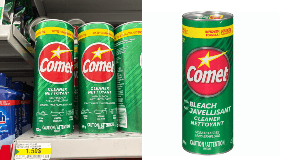 Le nettoyant en poudre Comet sur les tablettes du Dollarama. Droite : Le nettoyant en poudre Comet sur le site de Walmart.