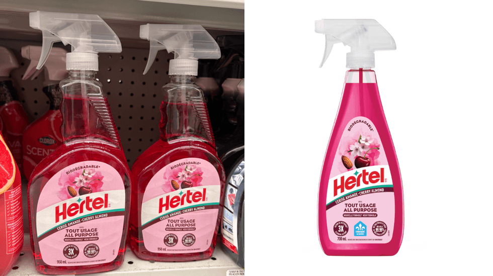 Le nettoyant Hertel d\u00e9sinfectant tout usage Cerise Amande sur les tablettes du Dollarama. Droite : Le nettoyant Hertel d\u00e9sinfectant tout usage Cerise Amande sur le site de Walmart.