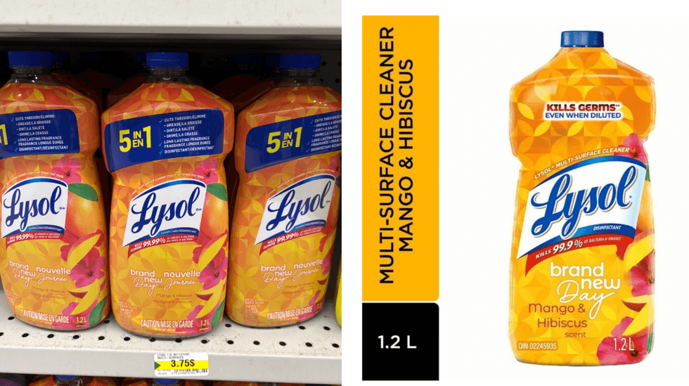 Le nettoyant multi-surfaces Lysol Brand New Day sur les tablettes du Dollarama. Droite : Le nettoyant multi-surfaces Lysol Brand New Day Mangue Hibiscus sur le site de Walmart.