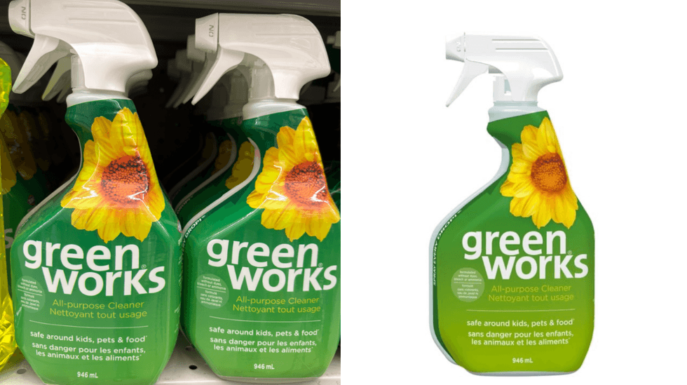 Le nettoyant tout usage Green Works sur les tablettes du Dollarama. Droite : Le nettoyant tout usage Green Works sur le site de Walmart.