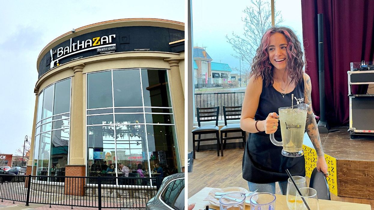 Le nouveau Balthazar à Boisbriand vu de l'extérieur. Droite : Une serveuse du Balthazar qui tient un pichet de sangria blanche.