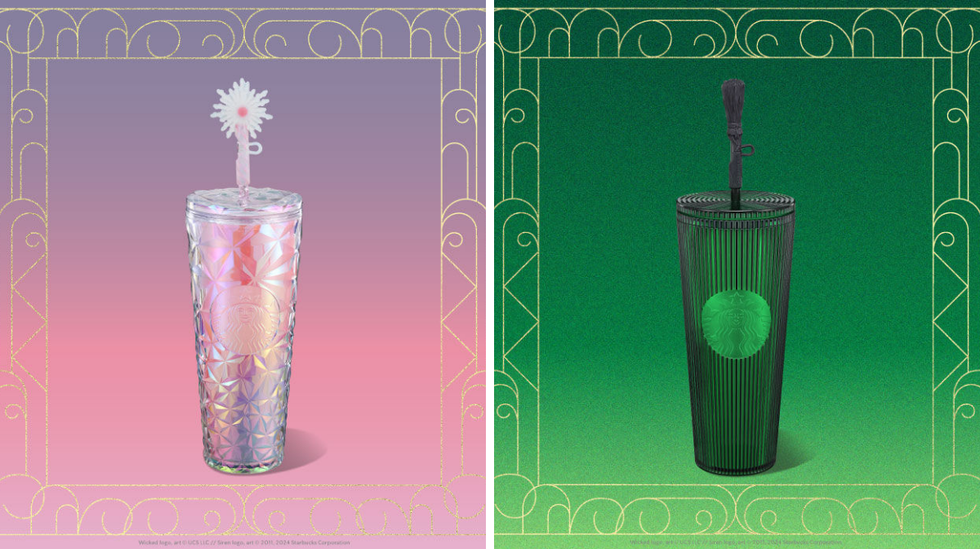 Le nouveau goblet Glinda du Starbucks. Droite : Le nouveau goblet Elphaba au Starbucks. 