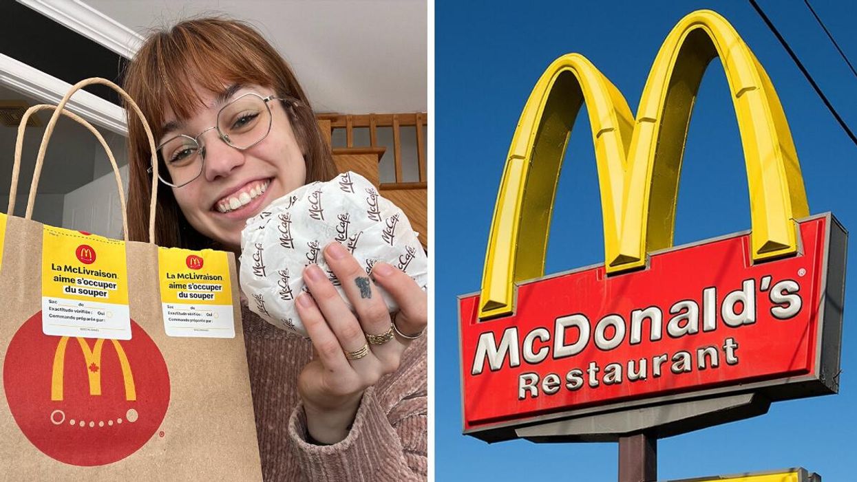 Le nouveau sandwich déjeuner du McDonald's. Droite : Logo du McDonald's.