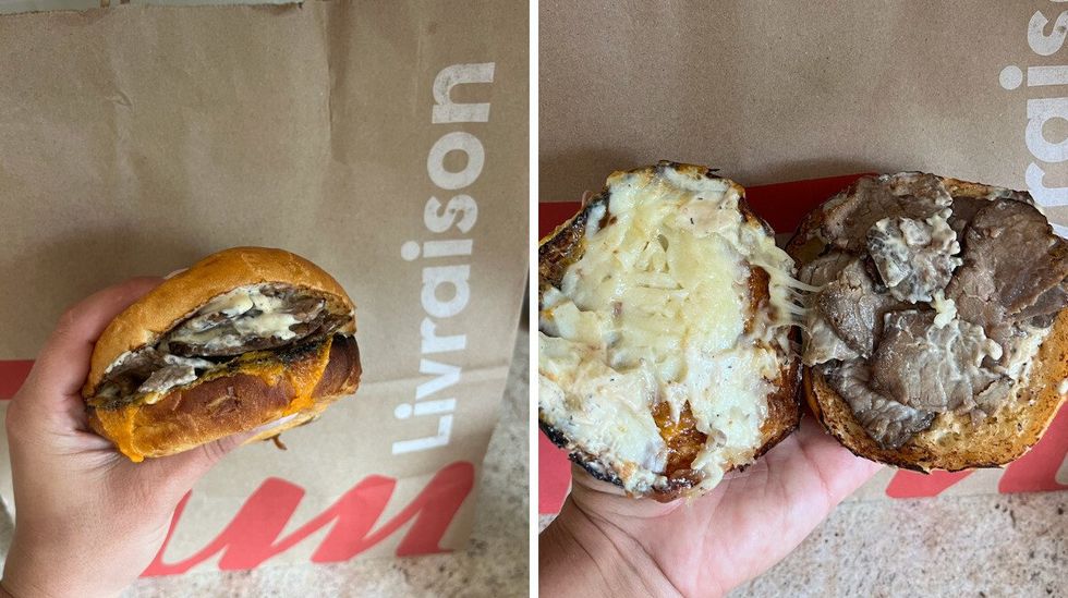Le nouveau \u00ab Steak Supr\u00eame \u00bb du Tim Hortons. Droite : L'int\u00e9rieur du sandwich.