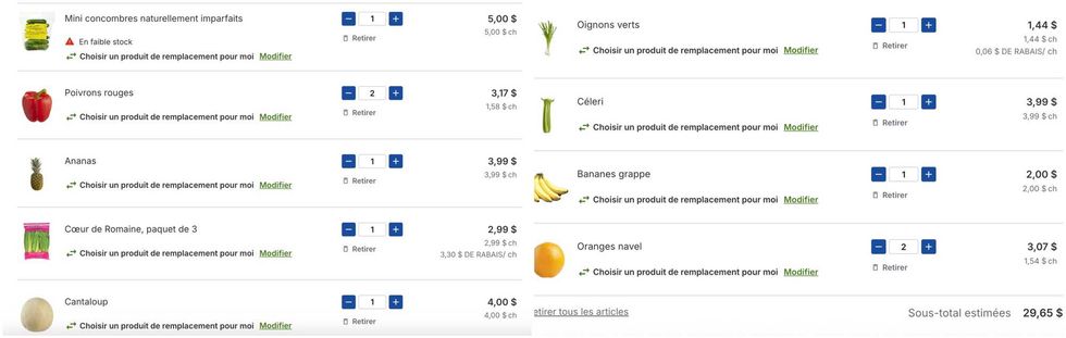 Le panier virtuel du Maxi, fait avec les m\u00eames aliments que ceux acheter \u00e0 la fruiterie Remplis ton sac. 