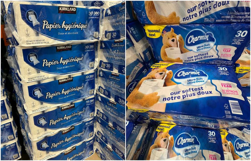 Le papier hygi\u00e9nique de la marque Kirkland Signature au Costco. Droite : Le papier hygi\u00e9nique de la marque Charmin au Costco
