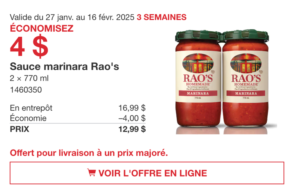 Le paquet de sauce marinara Rao's dans la circulaire en ligne du Costco.