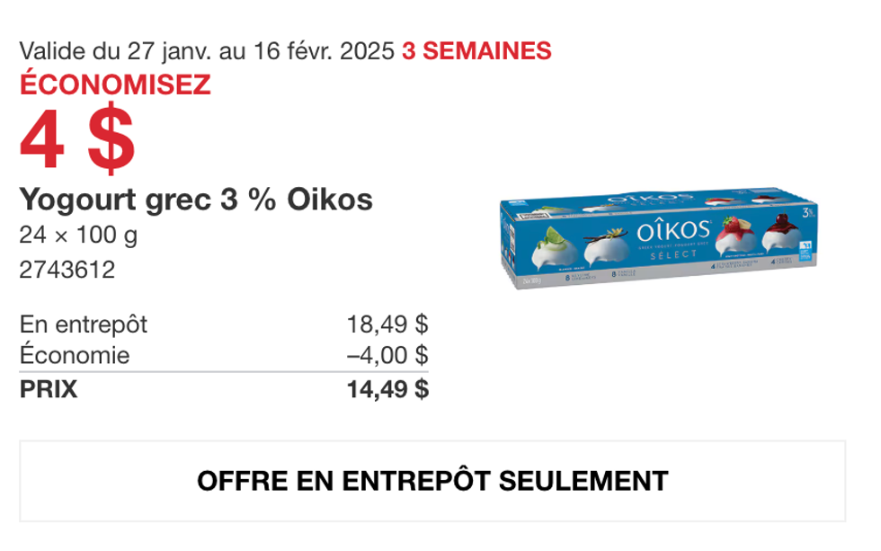 Le paquet de yogourt grec 3 % Oikos dans la circulaire en ligne du Costco.