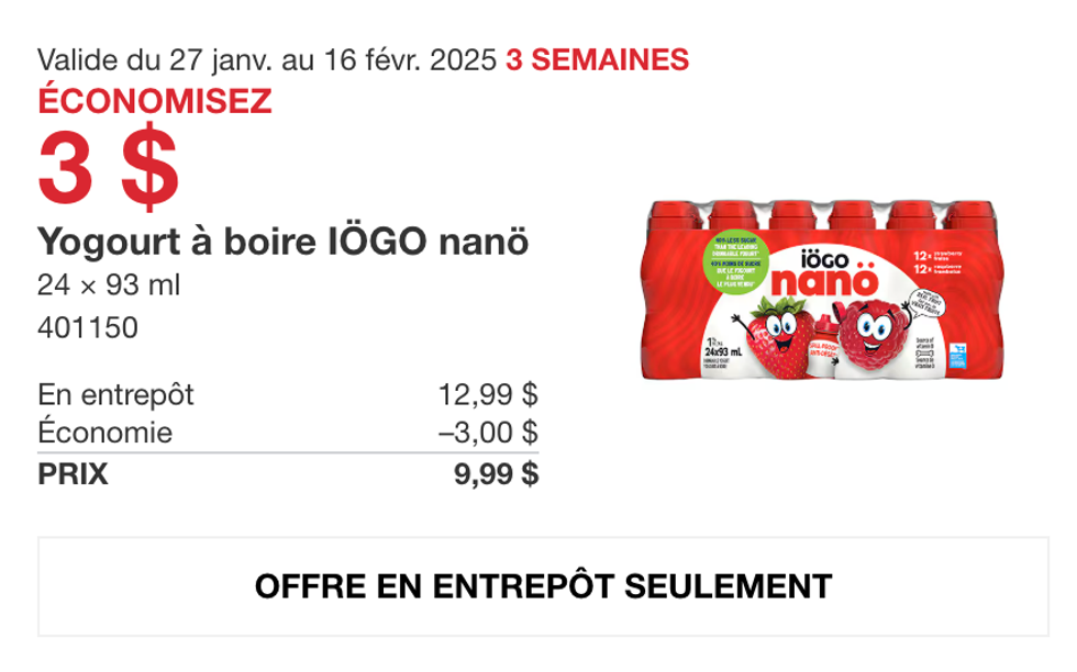 Le paquet de yogourt \u00e0 boire I\u00d6GO nan\u00f6 dans la circulaire en ligne du Costco.