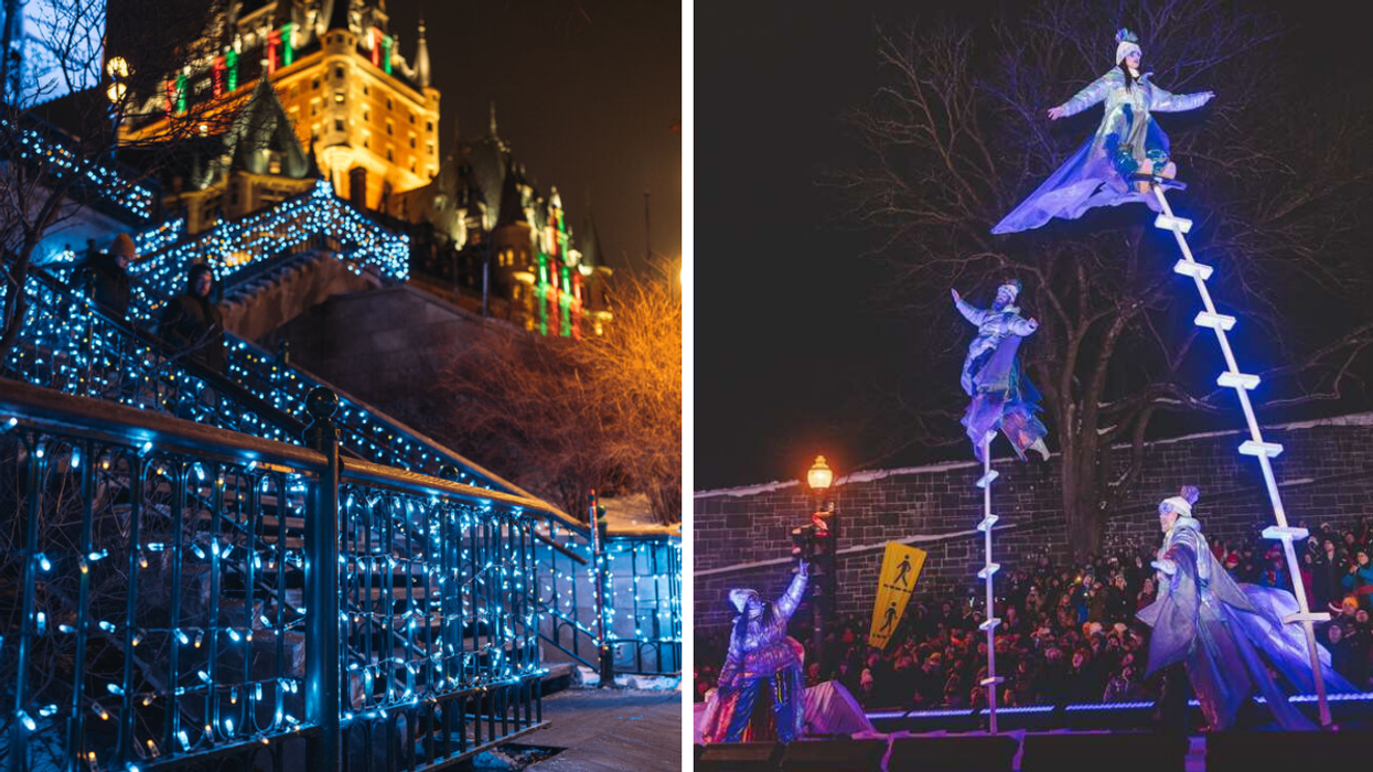 Le parcours de Québec s'illumine. Droite : Le défilé de nuit du Carnaval de Québec.