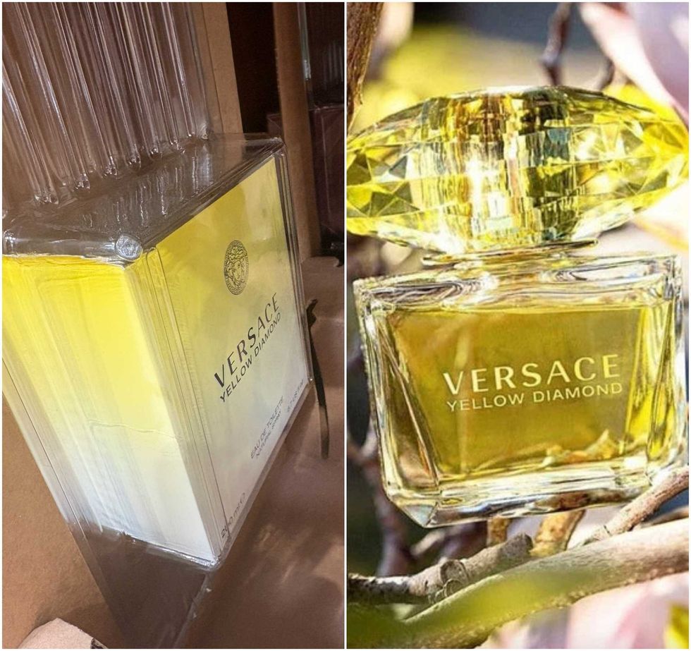 Le parfum Yellow Diamond de Versace au Costco. Droite : Le parfum Yellow Diamond de Versace sur le site de LEPARFUM.