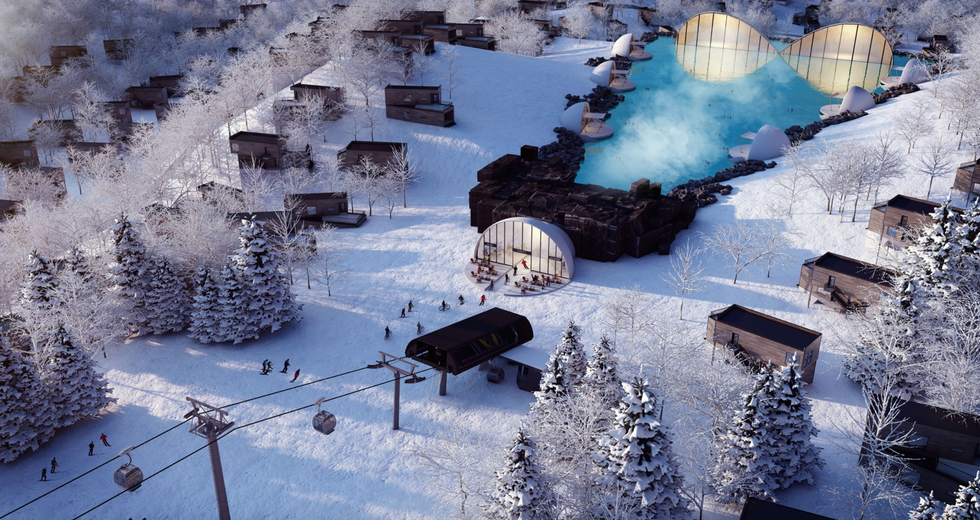 Le pavillon en d\u00f4me double devant le lagon avec des baigneurs, au pied d'une piste de ski et entour\u00e9 de chalets en hiver.