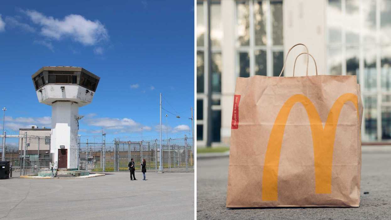 Le pénitencier fédéral de Sainte-Anne-des-Plaines. Droite : un sac de livraison McDonald's.