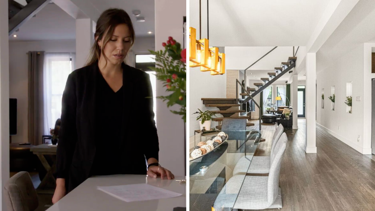 Le personnage de Nadine dans sa cuisine lors d'un épisode de District 31. Droite : La salle a manger, l'escalier et le salon.