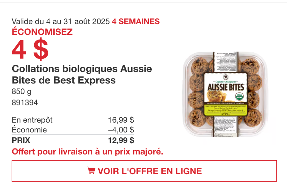 Le plateau de 850 g de bouch\u00e9es Aussie Bites en vedette dans la circulaire du Costco.