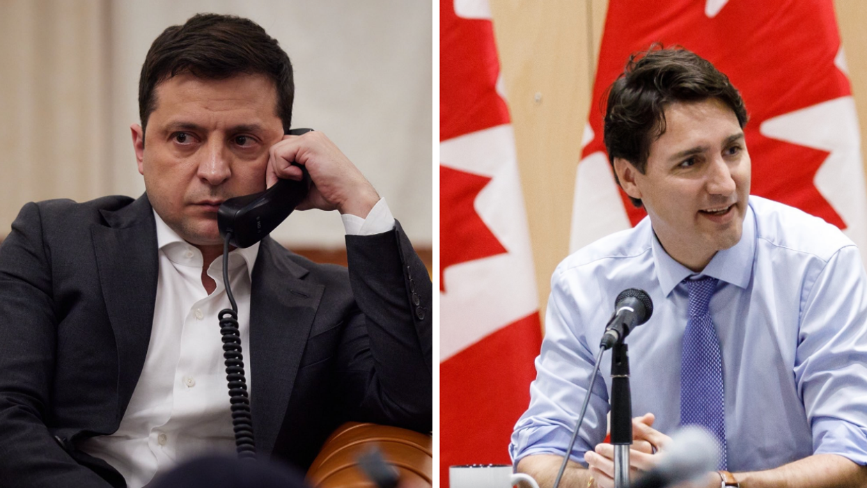 Le président de l'Ukraine, Volodymyr Zelensky. Droite : Justin Trudeau, le premier ministre du Canada.