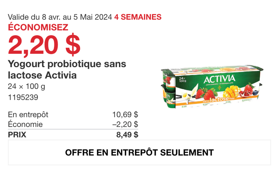 Le rabais sur le yogourt probiotique sans lactose d'Activia dans la circulaire du Costco.