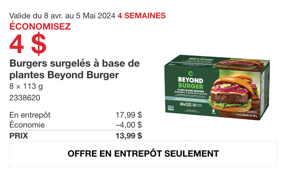 Le rabais sur les burger \u00e0 base de plantes Beyond Meat dans la circulaire du Costco.
