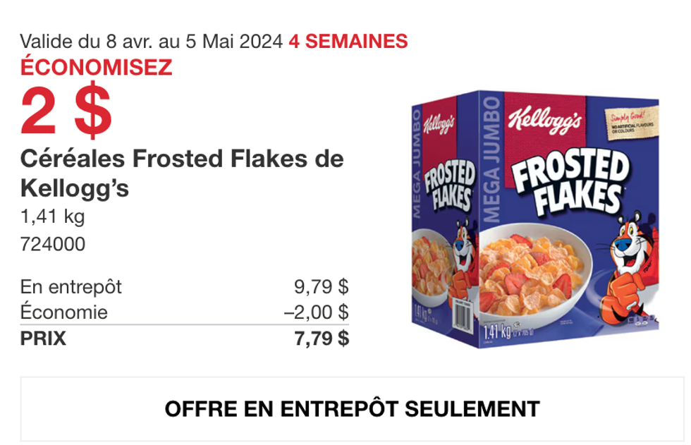 Le rabais sur les c\u00e9r\u00e9ales Frosted Flakes de Kellogg's dans la circulaire du Costco.